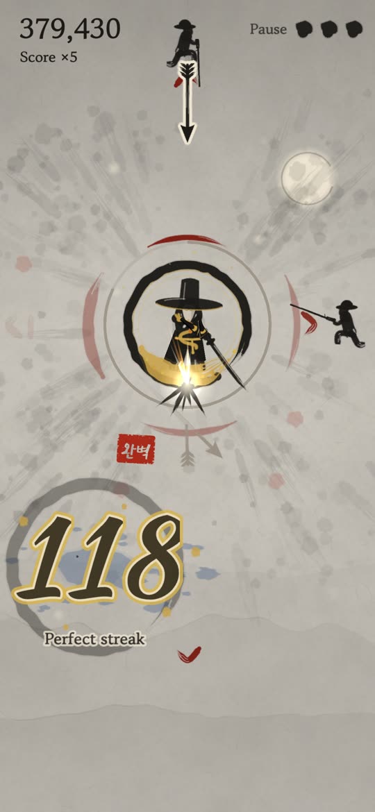 The core play screen: a swordsman inside an ink circle, attacks coming from the edge